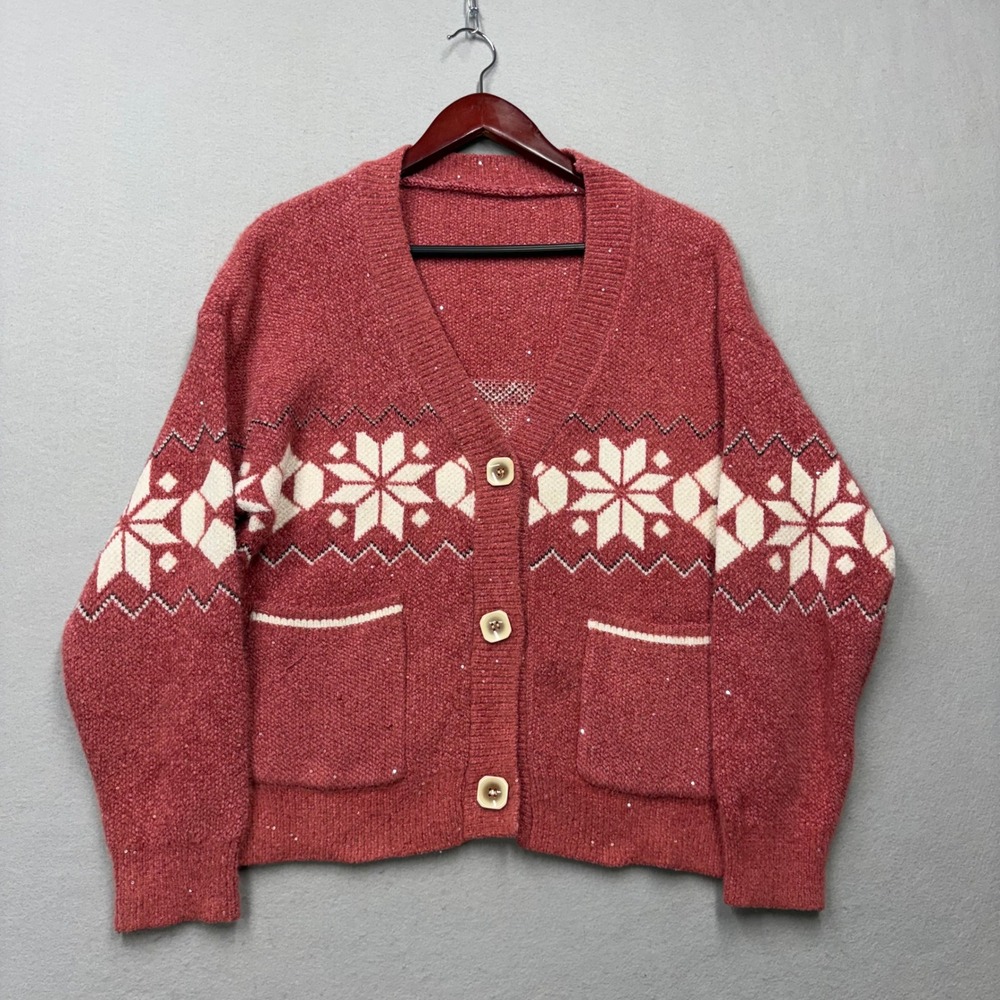 Unbranded Cardigan Sweater Women Medium Pink Snowflake Sequin Knit Vintage Style